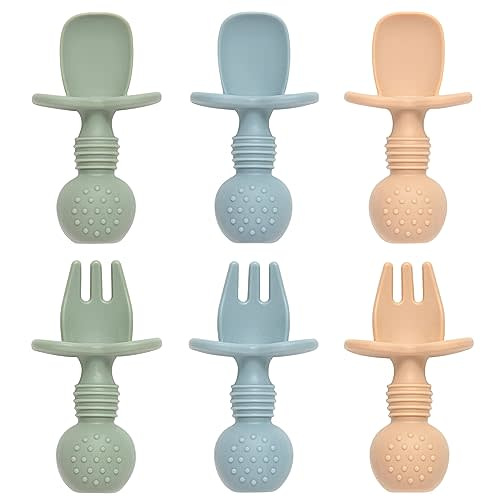 Eascrozn Baby Spoons and Forks Feeding Set, 6 Pack Silicone First Stage Self Feeding Toddler Utensils, BPA Free, Baby Led Weaning Supplies for Training Spoons