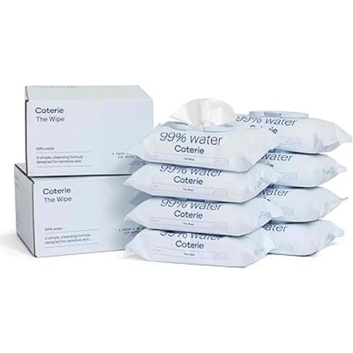 Coterie Baby Wipes for Sensitive Skin, Plant-Based and Plastic-Free Fibers, 99% Water, Hypoallergenic, pH Balanced, Unscented, Clean and Gentle Baby Essentials, 8 Pack, 448 Count