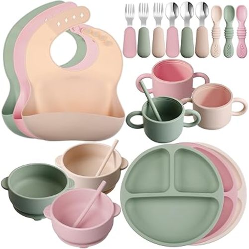 24 Pack Silicone Baby Feeding Set Baby Led Weaning Supplies Includes Suction Divided Plates Soft Bowl Spoons Forks Adjustable Bib Snack Cup and Straws for Baby (Dark Green, Beige, Light Pink)