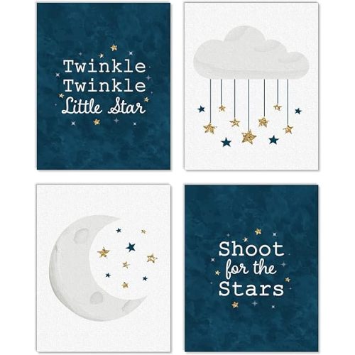 Big Dot of Happiness Twinkle Twinkle Little Star - Unframed Moon and Cloud Nursery and Kids Room Linen Paper Wall Art - Set of 4 - Artisms (8 x 10)