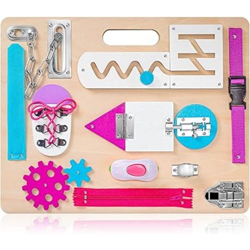 Montessori Busy Board for Toddlers, Wooden Sensory Toys, Kids 1-3 Travel Toy, Preschool Learning Activities for Fine Motor Skills, Basic Life Skills Educational Gifts for 1 2 3 Years Old Girls (Pink)