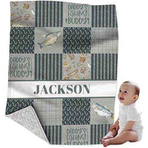 Personalized Custom Minky Blanket for Boys & Girls, Fishing Theme, Soft Infant to Toddler, Gift for Baby Shower or Birthday