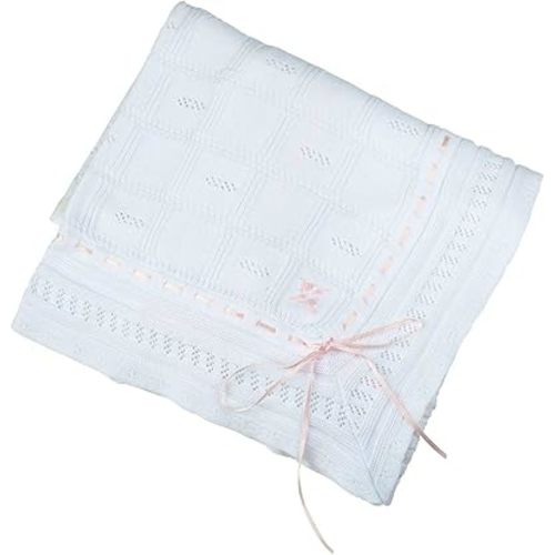 Feltman Brothers Baby Girls White Christening Baptism Shawl Blanket Pink Ribbon Trim, White/Pink, 48 x 48