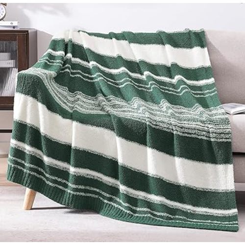WRENGONGE Dark Green Throw Blanket, 50x70 Soft Cozy Striped Throw Blankets for Couch, Sofa, Bed, Travel, Lightweight Fluffy Warm Plush Decorative Blankets for Women, Men,Kids Gift