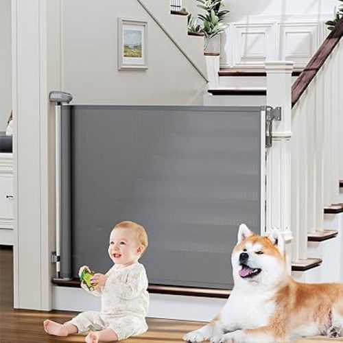 Retractable Baby Gates for Stairs, PRObebi Retractable Dog Gate Indoor Extends to 54" Wide 34" Tall, Child Gates for Doorways, Stair Gate Use for Outdoor, Hallways, Doorways, Deck, Porch