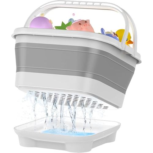 Foldable Bath Toy Storage, Baby Bathtub Toy Holder with Removable Base for Draining, Drying Bathroom Baby Shower Toy Organizer, Toy Basket for Easy Storage - Grey