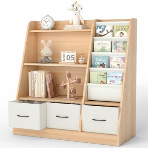SUGIFT 4-Tier Kids Wooden Bookshelf with Sling Pockets & Drawers – Toy Storage Organizer for Nursery, Playroom & Bedroom