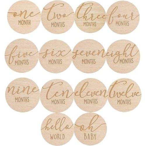 Pearhead Wooden Monthly Milestone Photo Cards - 7 Double-Sided Engraved Discs for Baby Announcement and Milestones, Gender-Neutral Photo Props for Newborn Boy and Girl, Light Wood