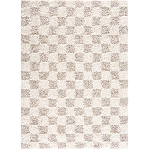 "Boutique Rugs Plush Durable Modern Checkered Shag Area Rug - Beige, Cream, White - 6'7"" x 9'6"""