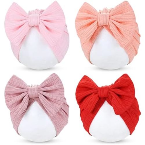 Cinaci 4 Pieces Baby Girls Turban Hats with Bow Newborn Hospital Caps Bonnets Beanies Headwraps for Infants Toddlers