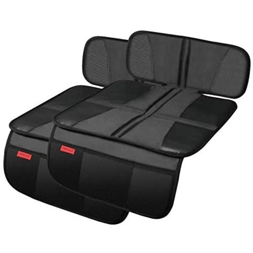 Car Seat Protector - Seat Protection Mat - Thick Padding - Durable, Waterproof Fabric, Leather Reinforced Corners & 3 Pockets for Handy Storage (2 Pack) Black