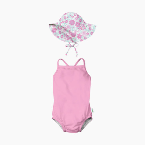 GREEN SPROUTS UPF 50+ Swimsuit with Built-in Diaper & Brim Hat Set - Light Pink/White Bold Floral, 0-6 Months