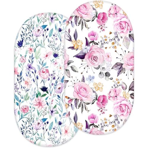 Bassinet Sheet 2 Pack Ultra Stretch Bassinet Fitted Sheet for Baby Girls Boys, Soft Universal Snug Fits Rectangle, Oval and Hourglass Bassinet Pad/Mattress, Stylish Floral