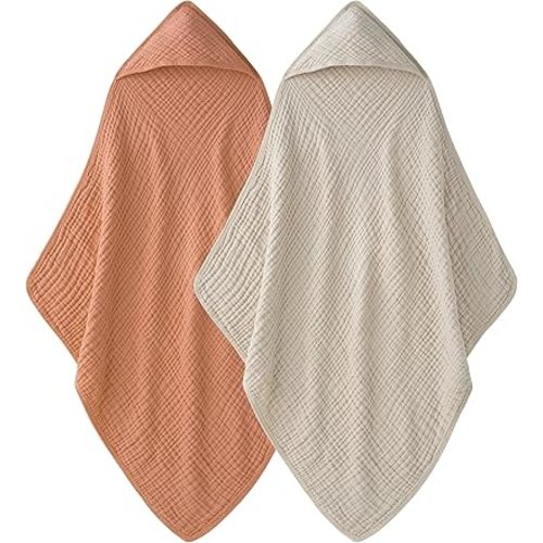 Hooded Baby Towels 100% Muslin Cotton Baby Bath Towels with Hood 2 Pack Baby Towels for Newborn, Infant, Toddler, Kids, Large 32x32Inches, Soft and Absorbent Newborn Essential Caramel