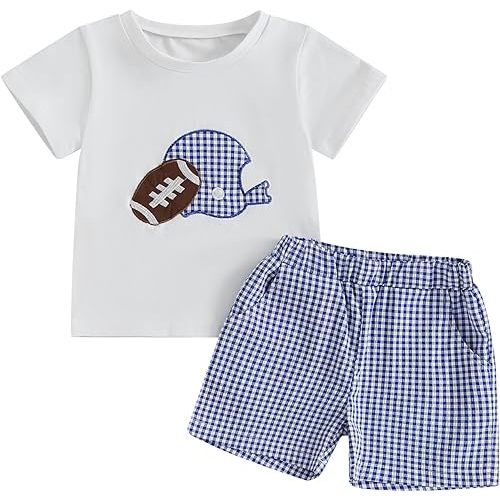 Adobabirl Toddler Baby Boy Football Outfit Short Sleeve Rugby Embroidery Tshirt with Plaid Shorts Boutique Summer Clothes