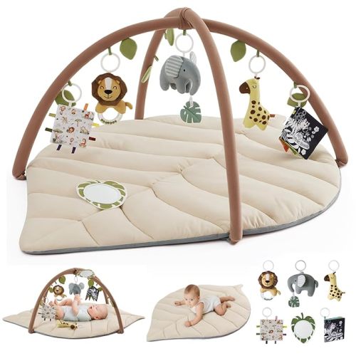 Blissful Diary Baby Play Gym & Activity Mat, Leaf Shaped Baby Tummy Time Play Mat with 6 Detachable Toys, Promotes Motor Skills & Sensory Development, Newborn Baby Essentials Gift, Oatmeal Beige