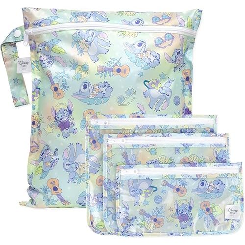 Bumkins - Waterproof Wet Bag & Clear Travel Bags - For Beach, Baby, Travel, Swim Suit, Cloth Diapers, Pump Parts, Pool, Gym, Toiletries - Reusable & Easy to Clean - Disney Stitch - 4 Pack