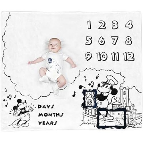 Baby Monthly Milestone Photo Blanket - Cartoon Mouse Design, Made with Soft Polyester and Classic Black & White Color Matching