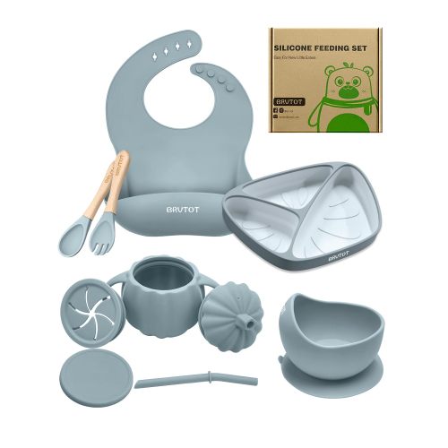 Silicone Baby Feeding Set 9PCS| Toddler Baby Diveded Plate and Bowl with Suction, Straw Sippy Cup & Snack Cup, Spoon & Fork, Bib| Self Feeding Led Weaning Supplies for Baby Birthday Shower Gift