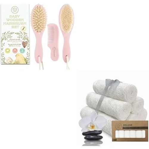 Baby Hair Brush and Comb Set for Newborn and Baby Washcloths Bundle - Natural Wooden Hairbrush with Soft Goat Bristles for Cradle Cap - Bamboo Viscose Baby Towels and Washcloths