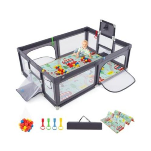 Toddler Large Playpen w/ Mat Play Yard w/ Basketball Hoop Soccer Nets