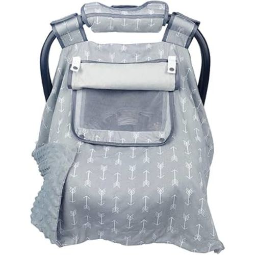 Car seat Covers for Babies boy girl, Carseat Canopy for newborn Carrier, 2 layers windows of mesh/fabric, No shifting on carrier handle, Handle cushion, Cotton & Grey minky
