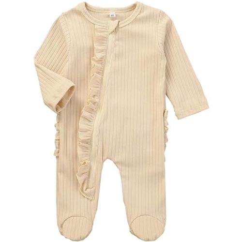 Kuriozud Newborn Baby Girl Boy Footie Romper One Piece Jumpsuit Sleeper Infant Clothes - 0-3 Months - Ruffle Zipper Footie Beige