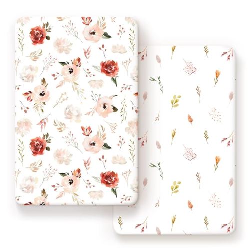 Stretchy Ultra Soft Jersey Knit Pack n Play Sheets Set 2 Pack, Portable/Mini Crib Sheets with Deep Pocket, Universal Fit Playard Pads Safe and Snug, Pretty Rose Flora for Girls, Orange Pink