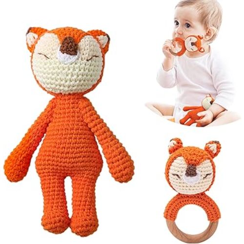 2PC Wooden Baby Fox Rattle & Crochet Doll Plush Stuffed Fox Animals Toy for Newborn Baby | 100% Handmade Infant Soothe Toys for Sensory and Early Grips Development Thanksgiving Gifts