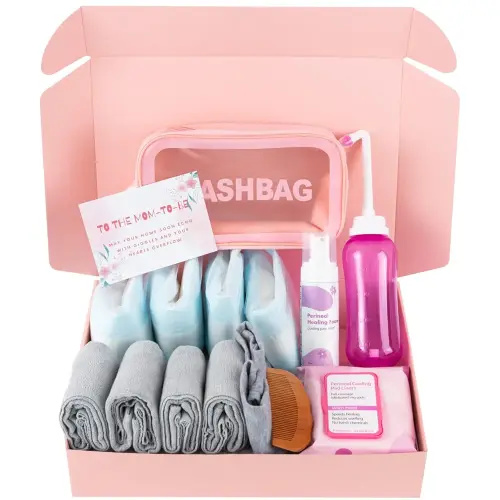 Postpartum Essentials Recovery Kit for Labor,Delivery - Peri Bottle,Disposable Postpartum Underwear,Perineal Healing Foam,Instant Ice Pads,Cooling Pad Liners,Socks,Birth Comb,Portable Bag