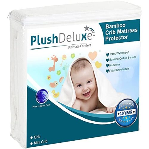 Crib Mattress Protector Waterproof – Bamboo Quilted Ultra Soft White Terry Fitted Sheet Style (Crib) - Crib 28" 52"