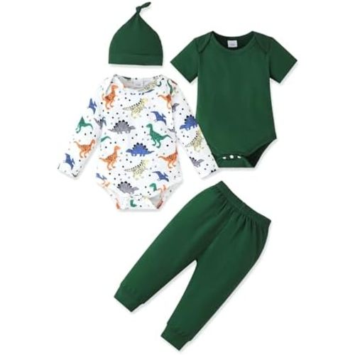 Newborn Baby Boy Clothes Long Sleeve Romper Pant Set Hat 2-Pack Infant Baby Boy Outfits Fall Winter Clothing Set