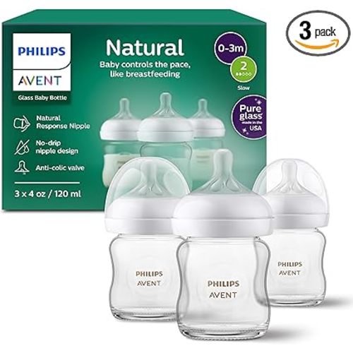 Philips Avent Natural Glass Baby Bottles with Natural Response Nipples (Slow Flow, Flow 2), 4oz, 3-pack, SCY910/03