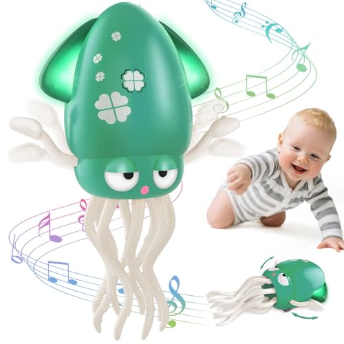 AOTIBO Baby Dancing Octopus Toy for 1 2 3 4 5 Year Old Boy Girl, Baby Tummy Time Electric Crawling Octopus Toys 12-18 Months, Dancing Squid Toy for Walking Toddlers, Kids 1st Birthday Gifts, Green