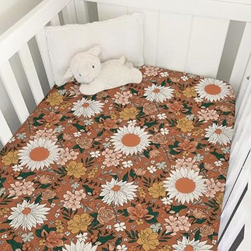 Retro Spring Wildflowers Baby Crib Sheets 52''x28'' Watercolor Floral Leaf Summer Boho Stretchy Fitted Crib Mattress Sheet for Boy Girl Botanical Soft Nursery Sheet for Standard Crib Toddler Mattress