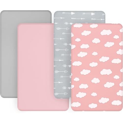 4-Pack Fitted Crib Sheets for Boys and Girls - Breathable, Soft Microfiber Baby Sheets in Grey and Pink