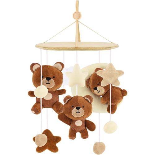 Teddy Bear Baby Crib Mobile Bear Nursery Mobile Neutral Animal Hanging Nursery Decor Sleeping Bear Moon Star Cloud Ceiling Decoration Baby Shower Gift Newborn Present for Little Boys Girls