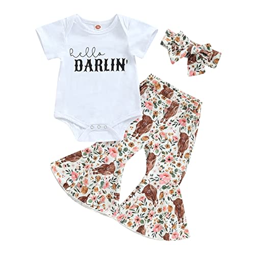 Western Baby Girl Clothes Letter Print Short Sleeve Romper Cow Print Flare Pants Headband 3Pcs Summer Outfits Set