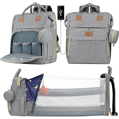 Diaper Bag Backpack for Mom and Dad, Large Capacity Baby Travel Bag with USB Charging Port, Waterproof Foldable Baby Bag for Boys and Girls, Stylish Maternity Backpack for Travel & Hospital,Grey