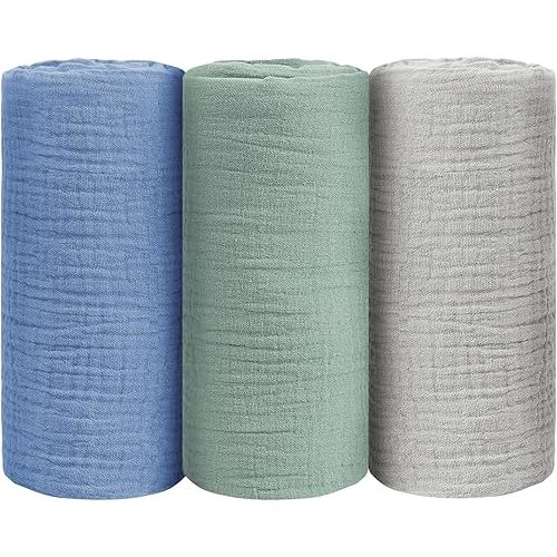 Baby Swaddle Blanket Neutral - Lightweight and Breathable Muslin Swaddles for Newborns - Receiving Blanket for Baby Boys and Girls (Bluegreen, 3pack)