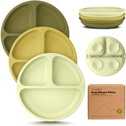 3-Pack Prep Suction Plates for Baby, 100% Silicone Toddler Plates, BPA-Free Divided Baby Plates with Suction (Olives)