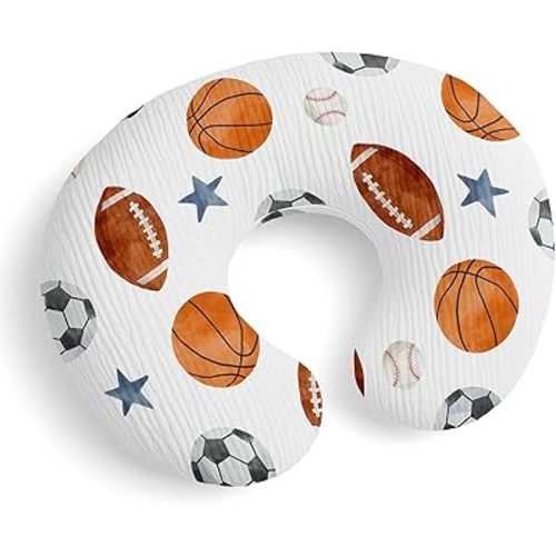 Sweet Jojo Designs Muslin Nursing Pillow Cover (Sports Theme) for Baby Boys, Newborn, Infant 100% Cotton Breastfeeding Pillowcase - PILLOW NOT INCLUDED (Watercolor, Vintage Sport Themed, Balls, Stars)