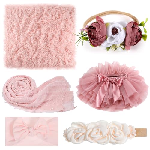 Cutecrop 6 Pcs Newborn Photography Props Outfits Included Wraps Blanket Fluffy Tutu Skirt and Baby Headbands Newborn Photoshoot Outfits for Infant Boys Girls