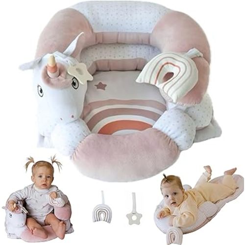 2 in 1 Tummy Time Mat and Seated Support Pillows - Newborns and Older Babies, Detachable Support Pillow and Two Toys, for Development of Strong Head and Neck (Blush)