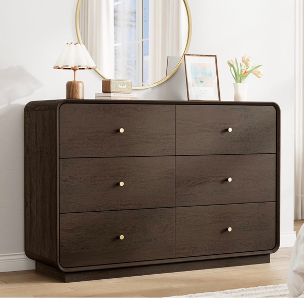 Dresser – Wide Wood Chest with Scalloped Base & Roman Column Sides – Round Knobs, Storage for Bedroom or Living Room