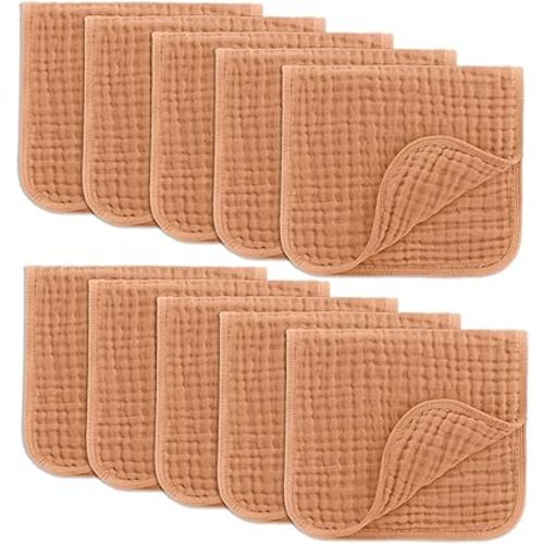 Comfy Cubs Muslin Burp Cloths 20" x 10", Pack of 10 - Large, 6-Layer, Ultra Absorbent 100% Cotton for Baby Drool and Messes - Soft, Safe & Gentle Baby Burp Cloths for Boys & Girls - Caramel