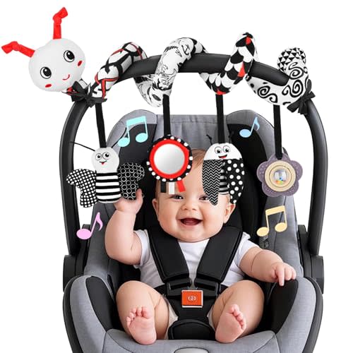 Zendstanding Car Seat Toys for Babies, 0-6 Months Stroller Activity Black White Baby Spiral Plush Toys Newborn High Contrast Sensory Carseat Toys with 4 Pendants Hanging Boys Girls Gift