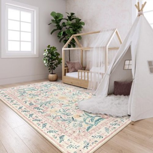 Lahome 8'x10' Washable Area Rug for Living Room with Non Slip Backing,Traditional Boho Rug,Low Pile Lightweight Carpet,Floral Print Mat,Better Home,Washable Machine for Bedroom,Pink