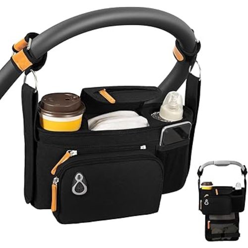 Universal Stroller Organizer with Insulated Cup Holder and Phone Holder, Large Pocket, Fits Most of Stroller Like Baby Jogger, Britax, BOB, Umbrella, Doona (Black)