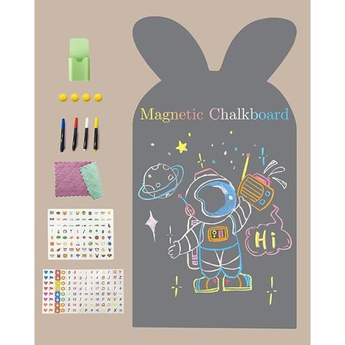 Magnetic Wall Decal for Kids, Magnetic Chalkboard Contact Paper for Wall, Playroom Essentials, Includes Dustless Chalks, Chalk Holder, Wipe Cloth, Stickers (Grey Rabbit, 34.6" x 58.3")